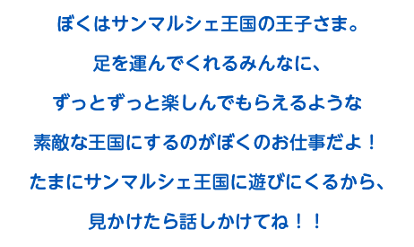 ぼくはサンマルシェ王国の王子さま。足を運んでくれるみんなに、ずっとずっと楽しんでもらえるような素敵な王国にするのがぼくのお仕事だよ！たまにサンマルシェ王国に遊びにくるから、見かけたら話しかけてね！！