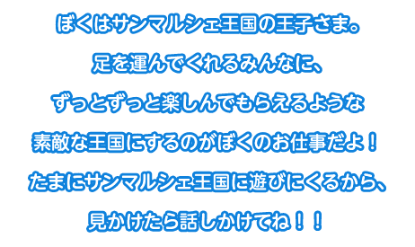 ぼくはサンマルシェ王国の王子さま。足を運んでくれるみんなに、ずっとずっと楽しんでもらえるような素敵な王国にするのがぼくのお仕事だよ！たまにサンマルシェ王国に遊びにくるから、見かけたら話しかけてね！！